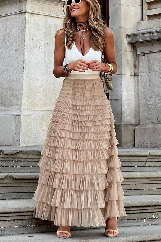 Confort and Classy with this Tiered Elastic Waist Tulle Maxi Skirt